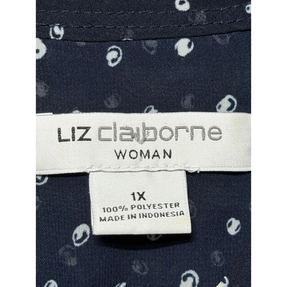 Liz Claiborne Woman Navy Blue Dotted Sheer‎ Short Sleeve Split Neck Blouse 1X